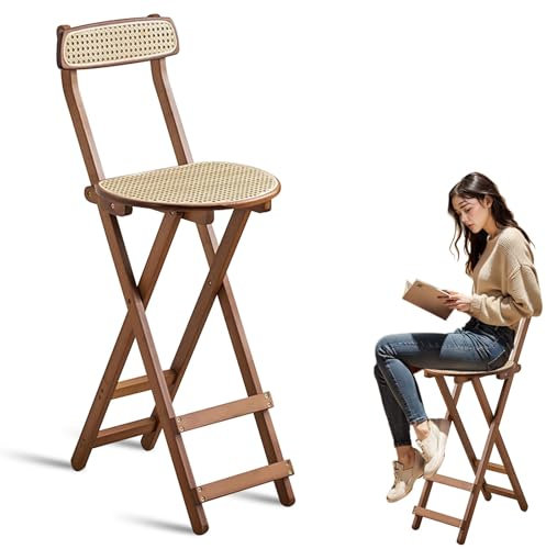 61.5cm 69cm Silla de Isla de Cocina Taburete de Bar Alto Plegable Silla para Adulto Silla de Mostrador Silla de Comedor De Ratán De Bambú Con Respaldo Sin Necesidad De Montaje Para Exterior/Interior(B