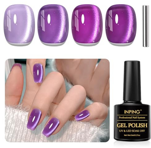 INPING Smalto Semipermanente Unghie Magnetico, 4 Colori Viola Jelly Cristalli Cat Eye Smalto Unghie, Smalti Semipermanenti per Unghie con Magnete, Gel Unghie Soak Off UV/LED DIY Nail Art Set, 8 ML