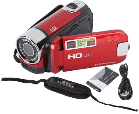 Beufee Camcorder, 4K 48MP Videokameras zum Filmen von Vintage Camcorder 2.7in TFT Rotatable Bildschirm 16x Digital Zoom Camcorder mit USB -Kabel (Red)