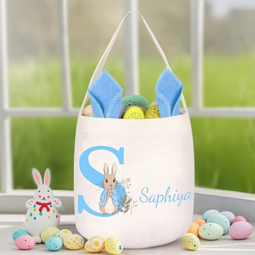 Osterkorb Personalisiert Ostertasche Kinder mit Namen Anfangsbuchstabe - Ostern Geschenk Ostertüten zum Befüllen (Blau)