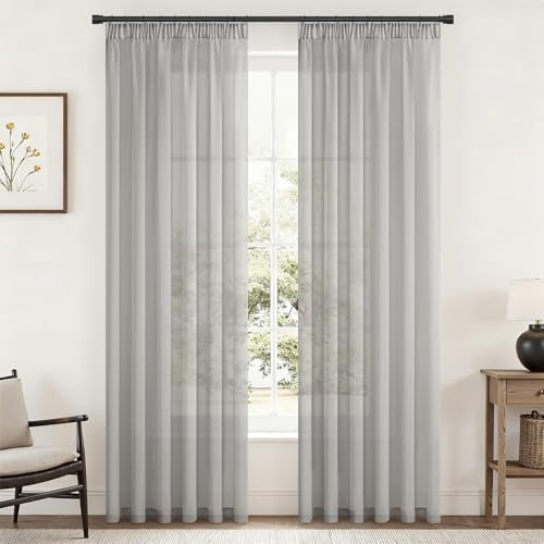 Topfinel Gardinen Dunkelgrau Transparent Vorhänge Vorhang übergardinen mit kräuselband Vorhangschals Ösenvorhang Deko Kinderzimmer Schlafzimme 140x240cm Schlaufenschal 2er Set