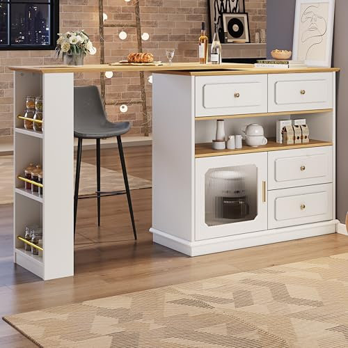 Easexcy Mesa de bar extensible con espacio de almacenamiento, giratorio 360°, barra portátil moderna, isla de cocina, mueble aparador con estantes y cristal (blanco 2)