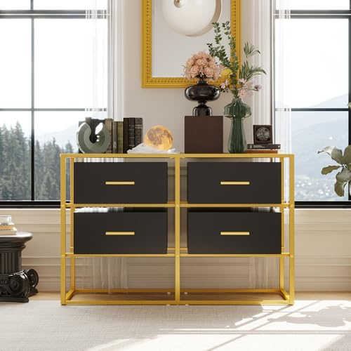 Glas-Kommode mit 4 Schubladen, 100 × 35 × 65 cm, Schwarz-Gold | Vier Schubladen · Schwarze Glasflächen · Goldfarbener Metallrahmen · Eleganter Stauraum