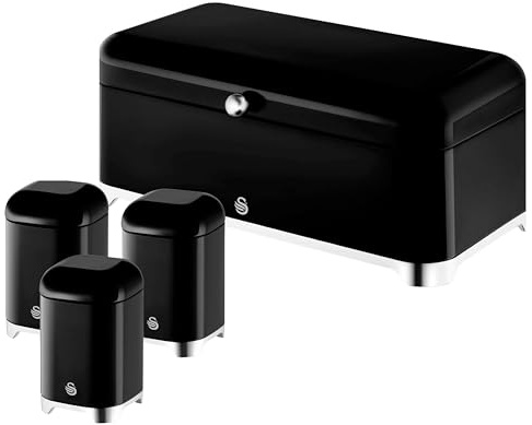 Swan Solace Black Kitchen Storage Set – Bread Bin & 3 Canisters – Gloss Black with Chrome Trim – Coordinated Modern Kitchen Organisation