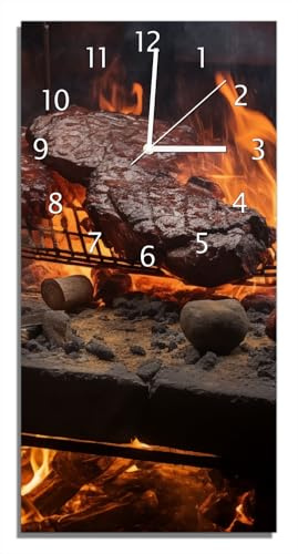 Wallario Design-Wanduhr Urige Grillkunst: Steakschmiede aus Glas, Motiv-Uhr Größe 30 x 60 cm, weiße Zeiger