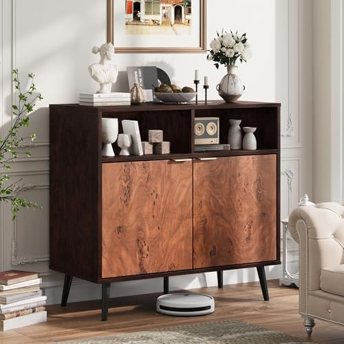 Niwugady Industrielles Buffetschrank Sideboard 80x80x40cm, Küchenschrank mit 2 Türen & Offenem Fach, Verstellbare Regale, Markante Burl-Struktur, Stauraum für Esszimmer, Wohnzimmer & Flur