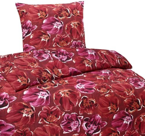 Hochwertige Biber Bettwäsche Baumwolle Blumen Rot 135x200 80x80 Set 2tlg