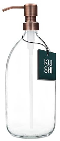 Kuishi Klarglas-Pumpflasche Spender [1000 ml, Bronzepumpe] Nachfüllbare Braunglas-Seifenspender Flasche mit Edelstahlpumpe, umweltfreundlich (BPA-frei)