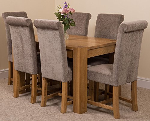 Oak Furniture King Solid Oak Dining Table & Chairs Set 6 Seater Kitchen Dining Set – Kuba 125 x 80 cm Wooden Table & Washington Upholstered Grey Fabric Chairs, Natural Finish