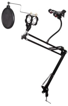 HQ-Power Pied de table de microphone avec support de téléphone et filtre anti-pop, rotatif à 360°, portée jusqu'à 70 cm