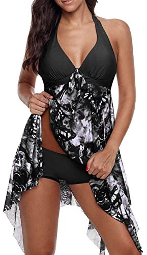 CIZEUR Tankini Femme Grande Taille Push Up Col V avec Coussins de Poitrine Jupe Floral Transparente Noir, L
