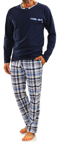 sesto senso Herren Schlafanzug Lang Pyjama 100% Baumwolle Langarm Shirt mit Tasche Pyjamahose Zweiteilig Set Nachtwäsche Dunkelblau Blau Kariert XXL Jasiek 2188/17