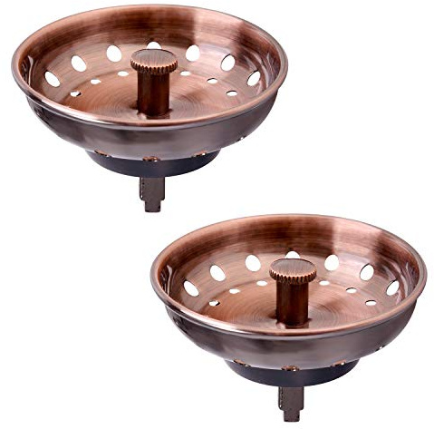 KONE Copper Kitchen Sink Strainer Basket, 2 Pcs Stainless Steel Antique Copper Sink Drain Strainer and Sink Stopper for Standard 3-1/2 inch Sink Drain, With Metal Center Knob and Rubber Drain Stopper