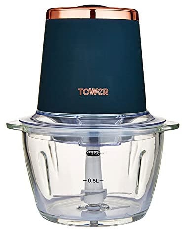 Tower Cavaletto T12058MNB Glass Bowl Chopper, 1L, 350W, Midnight Blue and Rose Gold