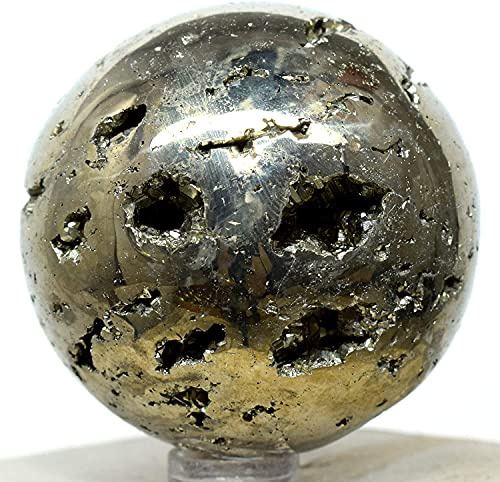 HQRP 46 mm goldene Eisen-Pyrit-Kugel, poliert, natürlich, Funkelnde Edelsteinwürfel, Drusen-Kristall, Mineralgeode, Cluster-Kugel – Peru + Ständer (1 Stück)