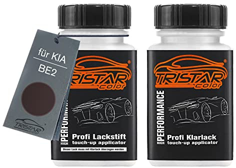 TRISTARcolor Autolack Lackstift für KIA BE2 Essence Brown Metallic +1K | Set aus Basislack + Klarlack, Lackfläschchen mit Pinsel, je 50ml