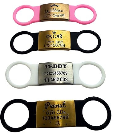 Slide ON Collar Stainless Steel with Elastic Silicone Engraving Rectangle ID Name DISC Personalised PET Dog CAT TAG Different Font Tags-Laser Engraving (M-(1.8cm-4cm), Silver-Black Rubber)