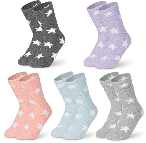 CityComfort Womens Fluffy Calf Length Socks, Cosy Soft Loungewear Pack of 5 or 6 - Womens Gifts (Multi Stars)