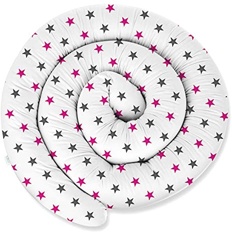 XXL 300 cm Bettschlange für Allergiker Bettkissen Stillkissen Bettrolle Zierkissen Bettumrandung Schlange Handmade 100% Baumwolle ekmTRADE (29 – Weiß – Rosa und Graue Sterne, 300 cm)
