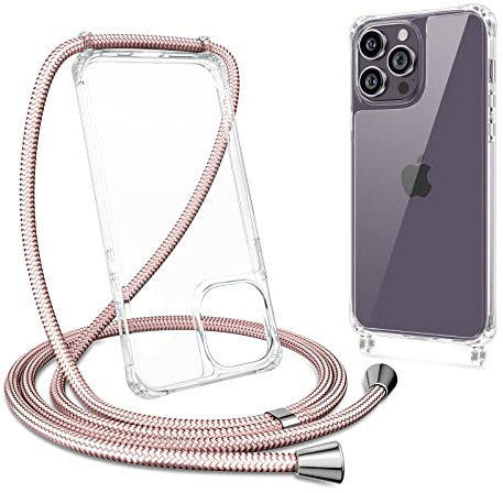 ZTOFERA Crossbody Lanyard Case for iPhone 14 Pro Max, Ultra Clear Hard Back with Soft Bumper Protective Phone Case with Strap Adjustable Neck Cord Necklace Shockproof Cover, Rose Gold