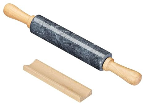 Intirilife Nudelholz aus Marmor mit Ablage in Schwarz - 46.5 cm - Teigrolle, Backrolle, Wellholz, aus natürlichem Marmor, zum einfachen Teig ausrollen, leichte Reinigung