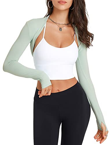 SEAUR Damen Bolero Achselzucken Kurz Geschnittene Sport Strickjacke mit Arm Ärmeln Crop Sport Strickjacke für Training Alltag Fitness Grün L