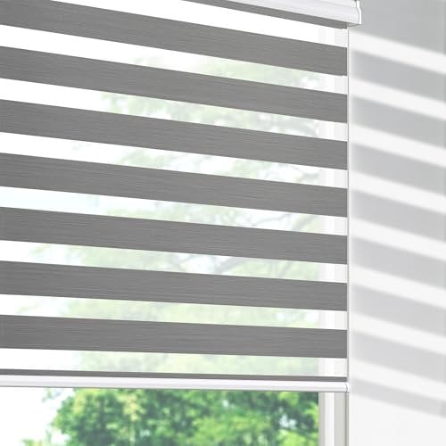 SHECUTE Cordless Zebra Blinds for Windows, Custom Size Light Filtering Zebra Shades, Room Darkening Window Shades for Living Room Bedroom, Day and Night Zebra Blinds for Doors, 72H x 29W, Grey