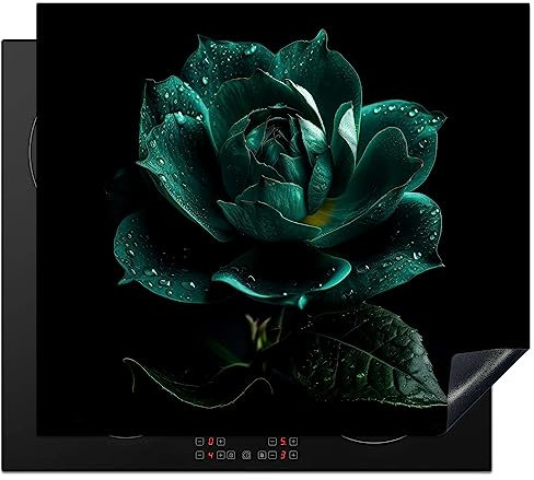 KitchenYeah© Herdabdeckplatte Einteilig Ceranfeld Abdeckplatte Küche Deko Ceranfeldabdeckung Herdabdeckung Induktionsmatte Blumen - Rosen - Blau - Schwarz - Rose - Natur - 60x52 cm
