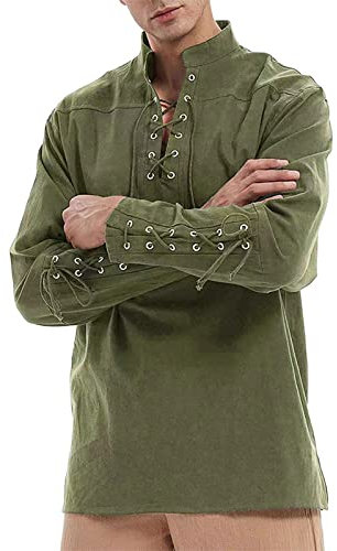 Mittelalter Kleidung Herren: Mittelalter Hemd Ohne Kragen Sommer Gothic Tunika Steampunk Langarm Linen Shirt Slim Fit Historische Sommerhemd Vintage Leinen Römer Kettenhemd Piratenkostüm
