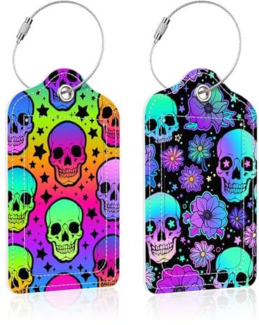 iapodiad 2 Stück Neon Totenköpfe Gepäckanhänger für Koffer, Totenköpfe und Blumen, PU-Leder, Kofferanhänger, Identifikatoren mit Privatsphäre, Namen, Adressetiketten und robuster Stahlschlaufe, für