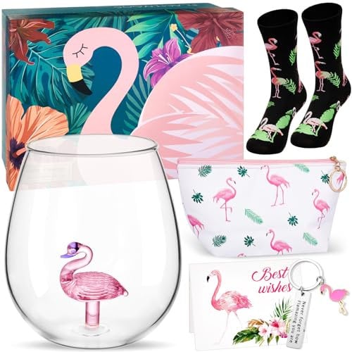 Nuenen 6 Stück Flamingo Geschenkset für Frauen inklusive Gin Cocktail Glas ohne Stiel mit Flamingo im Inneren Kosmetiktasche Socken Schlüsselanhänger Grußkarte mit Geschenkbox für Damen