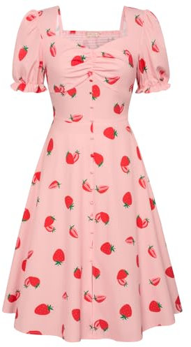 Belle Poque Damen 50er Jahre Vintage Geraffte Swing Kleid Sweetheart Ausschnitt Kurze Puffärmel A-Linie Tea Party Cocktailkleid