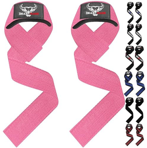 BEAST RAGE Zughilfen für Krafttraining (Fitness Straps) Kreuzheben Gurte Frauen Männer (Gepolstert) Gewichthebergurte Baumwolle Handgelenkstütze Griffe Hantel Bar (Lifting Straps) (T-Pink)