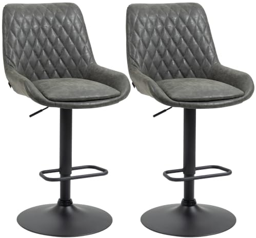 HOMCOM 2er-Set Barhocker mit Rückenlehne, Höhenverstellbar, Dunkelgrau | Küchenhocker, Barstuhl, Tresenstuhl mit Fußstütze, Küchenstuhl für Esszimmer, Küche, Kunstleder