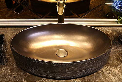TIANHEY Lavabo sobre Encimera De Estilo Industrial, Lavabo De Cerámica Artístico De Grano De Madera Negro Retro, Lavabo De Baño Ovalado Hecho A Mano Chino