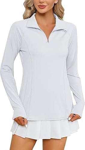 IECCP Women's Polo Shirts Long Sleeve UPF 50+ Sun Protection Tennis Golf Workout Tops Sport Half Zipper with Thumbholes and Pockets White S