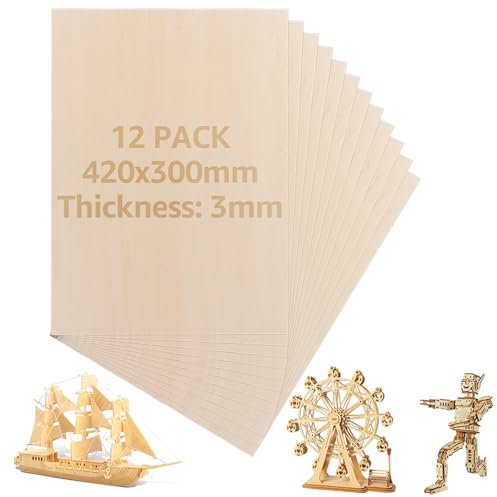DAJAVE 12 Pcs A3 Plywood Sheets, 420×300×3mm Basswood Plywood Sheets Unfinished Plywoods Boards Basswood Sheet Thin Wood Sheet for Crafts, Painting, Model Making, Wood Engraving