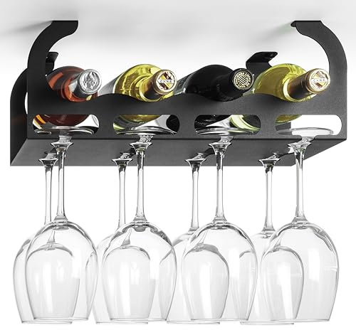 etterr Porta bicchieri sospesi. Portabottiglie vino, organizer cucina, appendiabiti per bottiglie, bicchieri e vetreria elegante, mobile bar, appendere bicchieri. (Nero)