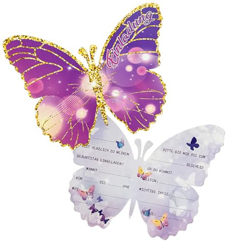 Diompirux 16 Stück Einladungskarten Kindergeburtstag, Schmetterling Party Einladung, 12 x 10 cm Party Einladung Karte, Einladungs Geburtstagskarten für Mädchen Jungen, zur Geburtstagsfeier