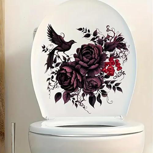 Spooky Halloween Crow Floral Toilet Cover Sticker Decals,Flower Leaf Butterfly Waterproof Toilet Lid Tank Seat Decals Cistern Self-Adhesive Bathroom Wall Sticker