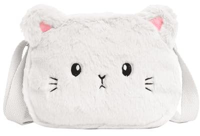Kinder Umhängetasche Mädchen, Plüsch Kindertasche Mädchen Handtasche Katze CrossBody Messenger Bag Verstellbare Umhängetasche Klein Katze Schultertasche-Weiße
