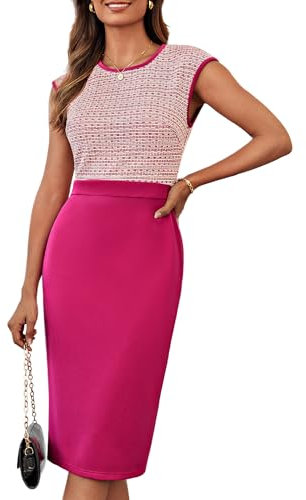 Robe Portefeuille pour Femmes col Rond élégante Moulante Robe de Cocktail Formelle d'affaires Tissu élastique Grille Rouge Rose XL
