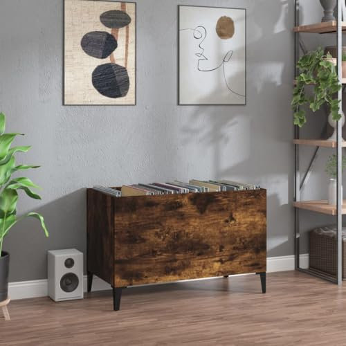 Prissent Meuble Porte-disques en Bois 74,5 x 38 x 48 cm - Étagère Multicouche pour Vinyles, Salon, TV, CD - Chêne Fumé
