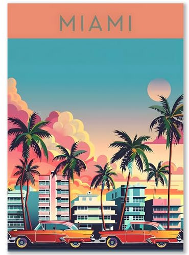 Happymotive Städteposter | Miami Retro Poster Vintage | Schlafzimmer Deko Bild im Hochformat | Bilder Wohnzimmer | Kunstdrucke in A2 40x60, A3 30x40, A4 20x30 300g Papier ohne Rahmen