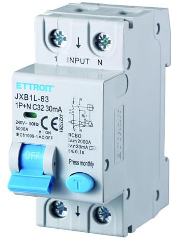 230V 32A C32, INTERRUTTORE MAGNETOTERMICO DIFFERENZIALE SALVAVITA, 1P+N, MONTAGGIO SU BARRA DIN, 2 MODULI, 30mA, 6KA 6000A, RCBO, 240VAC