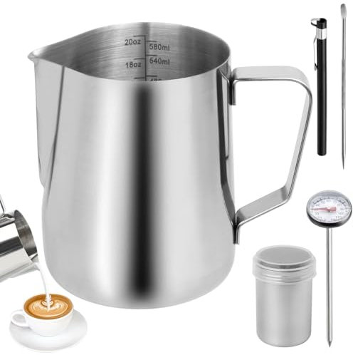 Milk Frothing Jug, 600ml/21oz 304 Stainless Steel Milk Frothing Pitcher Milk Jug with Powder Shaker Thermometer Latte Art Pen, Metal Frothing Jug Barista Accessories for Coffee Cappuccino Espresso