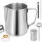 Milk Frothing Jug, 600ml/21oz 304 Stainless Steel Milk Frothing Pitcher Milk Jug with Powder Shaker Thermometer Latte Art Pen, Metal Frothing Jug Barista Accessories for Coffee Cappuccino Espresso