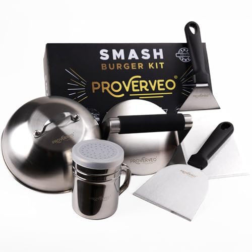 PROVERVEO Smash Burger Kit Professionale Premium in Acciaio Inox 304 + Ebook di Ricette | Pressa per Hamburger e Accessori Smasher Hamburger | Smash Burger Press Antiadherente