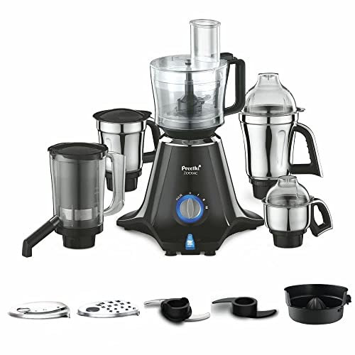 Preethi Zodiac MG-218 Mixer Grinder – 750W, 5 Jars (3 Stainless Steel, 1 Juicer Jar & 1 Master Chef Plus Food Processor Jar) – Black/Light Grey | Powerful Kitchen Assistant | Indian Plug