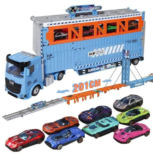 LioMaxi Camion Giocattolo per bambini, 201cm Pista da Trasporto Pieghevole Auto Eiettabile e 8 Auto da Corsa in Metallo, camion Porta Macchinine con Luci e Suoni, Regali per Bambini di 3 4 5 6+ Anni